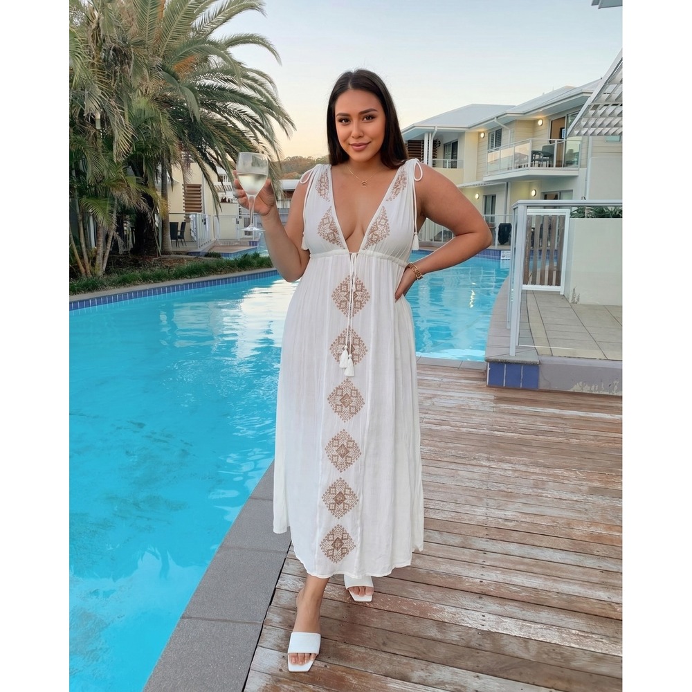 O'Neill‎ Suerte Maxi Coverup Dress Women's L White Embroidered Boho